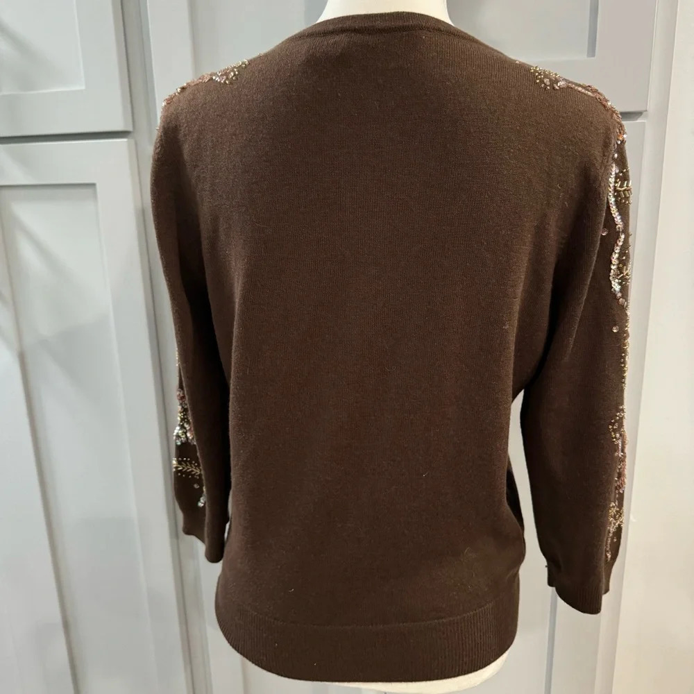 Classics Entier Beaded Wool Silk Cashmere Brown Hidden Snap Cardigan Large - Picture 5 of 10